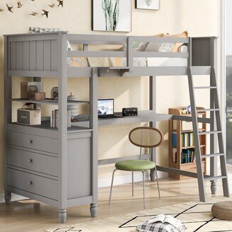 IGEMAN Twin size Loft Bed with Drawers and Desk, Wooden Loft Bed with Shelves - Gray