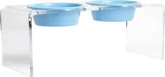 Hiddin Medium Clear Double Bowl Pet Feeder With Blue Bowls-AA