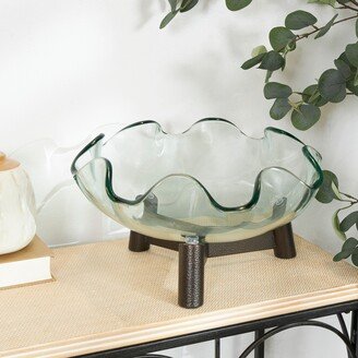 Studio 350 Clear Glass Floral Inspired Serving Bowl with Bronze Hammered Y-Shaped Stand