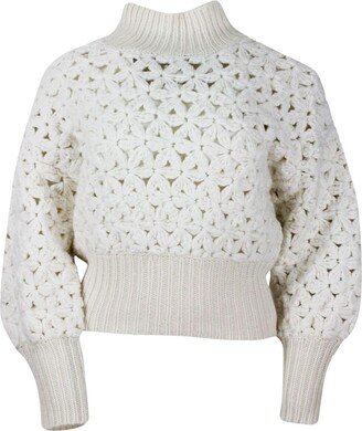 Long-sleeved High-neck Sweater In Soft And Precious Wool, Silk And Cashmere With Flower Processing And Hand-made And Embellished With Micro-sequins