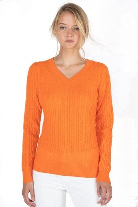 Women's 100% Cashmere Cable-knit Long Sleeve Pullover V Neck Sweater