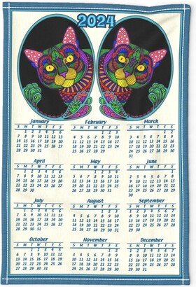 2024 Calendar Tea Towel - Gemini Cats By Heyletsgetmikey Rainbow Bright Neon Linen Cotton Canvas Spoonflower