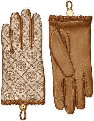 T Monogram Jacquard & Leather Gloves