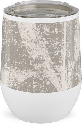 Travel Mugs: Grass Cloth With Leaves - Gray And Cream Stainless Steel Travel Tumbler, 12Oz, Beige