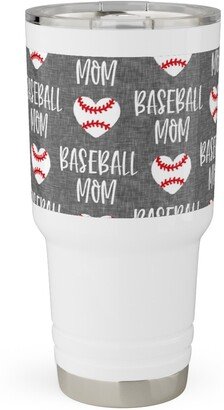 Travel Mugs: Baseball Mom - Baseball Heart - White On Grey Travel Tumbler, 30Oz, Gray