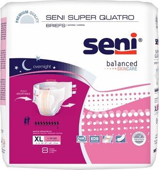 Seni Super Quatro Incontinence Briefs, Overnight Protection, Unisex, XL, 8 Count, 1 Pack