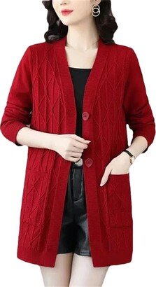 Hdhdeueh Women Solid Single Breasted Sweater Cardigan V-Neck Knitted Cardigans Coat Red M