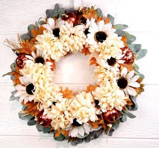 22 Creamy Sunflower, Chrysanthemum, Copper Pumpkin & Lambs Ear Wreath |Thanksgiving | Front Door Fall Vintage