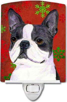 Boston Terrier Red Green Snowflakes Christmas Ceramic Night Light