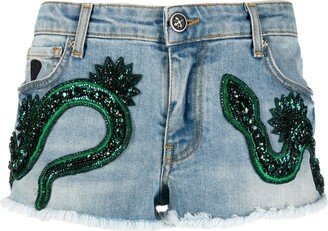 Snake-Embellished Denim Shorts