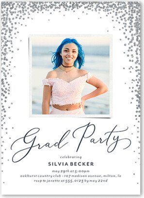 Graduation Invitations: Glimmering Rain Graduation Invitation, White, Silver Glitter, Matte, Signature Smooth Cardstock, Square