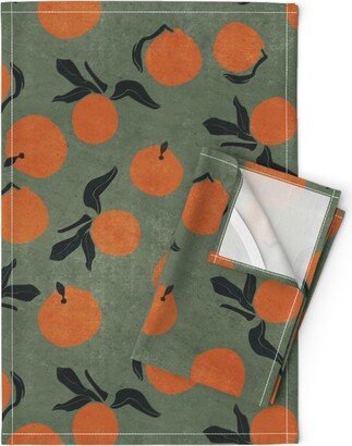 Retro Oranges Tea Towels | Set Of 2 - Mod Clementines On Green By Erin Kendal Medium Scale Linen Cotton Spoonflower