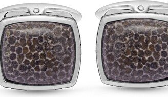 LuvMyJewelry Fossil Agate Stone Cufflinks in Black Rhodium Plated Sterling Silver