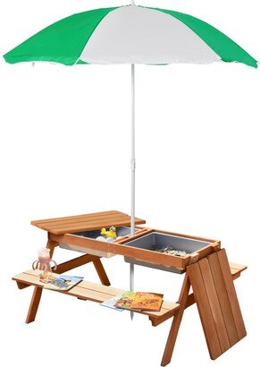 Fir Wood Kids Table Set with Parasol and Storage Space, Natural Wood