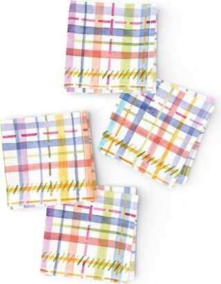 Joyful Plaid Cocktail Napkins | Set Of 4 - Colorful Watercolor By Lolahstudio Laid Stripes Party Summer Cloth Spoonflower