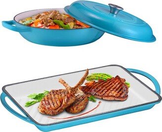 2 Piece Blue Enameled Cast Iron Cookware Gift Set - Braiser Pan, Skillet & Balti Dish, 3.8 Quart