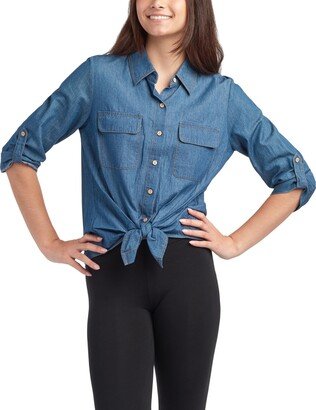 Juniors' Cotton Tie-Hem 3/4-Sleeve Denim Shirt