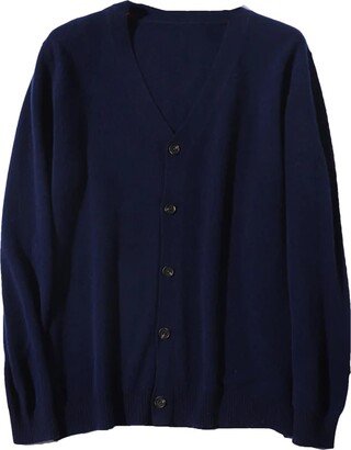 Jegsnoe Men's Cashmere Knitted Cardigan V-Neck Sweater Wool Sweater Casual Coat Navy Blue M