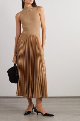 Ribbed Wool-blend And Pleated Charmeuse Midi Dress - Brown