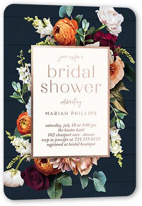 Bridal Shower Invitations: Autumnal Bouquet Bridal Shower Invitation, Blue, Rose Gold Foil, 5X7, Matte, Personalized Foil Cardstock, Rounded