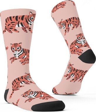 Socks: Jungle Tigers - Blush And Coral Custom Socks, Pink