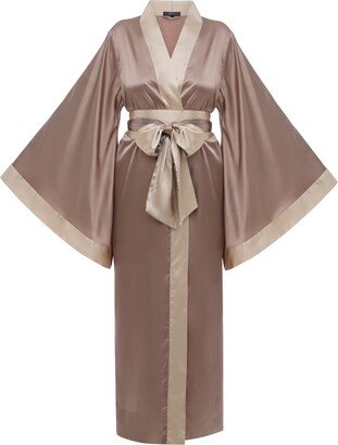 Kâfemme Beige And Gold Classic Satin Silky Kimono Robe - Kami