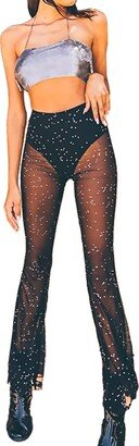 Anlaey Women's Rave Mesh Sheer Sparkly Pants Sequin Flared Bell Bottom Pants Sexy Rave Outfits for Festival Dance Clubwear