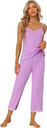 cheibear Women' Soft Cami Top and Capri Modal Lace Trim Pajama Sleepwear Set Light Purple Medium