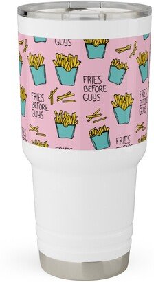 Travel Mugs: Fries Before Guys - Pop Art Food - Yellow Mint Pink Travel Tumbler, 30Oz, Pink