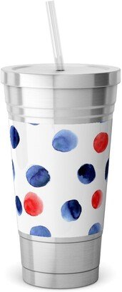 Travel Mugs: Red And Blue Watercolor Dots Stainless Tumbler With Straw, 18Oz, Blue