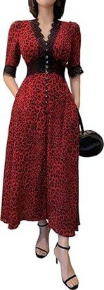 ahor New Women's Sexy Leopard Print Dress Waist lace Chiffon Long Skirt (US