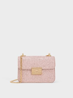 Glittered Push-Lock Chain-Handle Bag