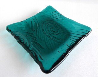 Peacock Blue Fused Glass Feather Imprint Plate By Bprdesigns