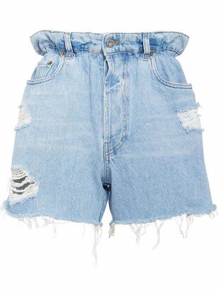 Distressed-Effect Paperbag-Waist Denim Shorts