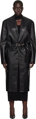 Black Belted Faux-Leather Trench Coat