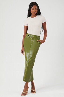 Women's Faux Leather Slit Midi Skirt in Olive Medium