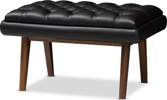 Annetha Mid Century Modern Walnut Finished Wood Faux Leather Upholstered Ottoman Black