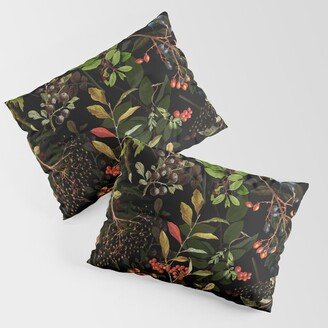 Vintage & Shabby Chic - vintage botanical wildflowers and berries on black Pillow Sham