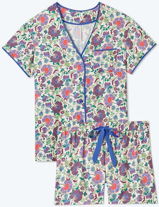 The Cloud 9 Silky Pajama Shorts Set - Scroll Block Print in Violet & Lava