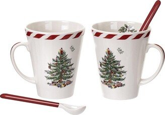 Christmas Tree Set of 2 Peppermint Mugs with Spoons