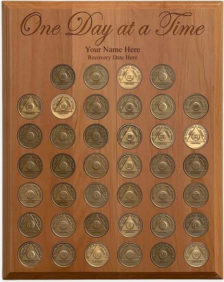 Personalized Medallion Holder, One Day At A Time Token Display Plaque For Alcoholics Anonymous & Narcotics Anonymous, Holds 40 Tokens