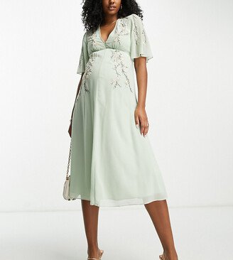 Hope & Ivy Maternity embroidered plunge flutter sleeve midi dress in sage