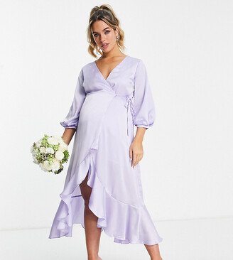 Liquorish Maternity Bridesmaid satin wrap midi dress with puff sleeve in lilac