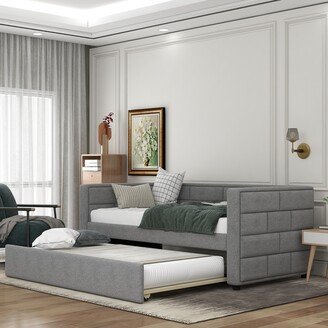 Calnod Simple and Modern Style Twin Size Gray Daybed with Trundle, Upholstered Daybed with Padded Back for Bedroom or Living Room