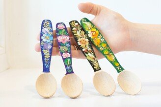 Small Wooden Spoon, Unique Dessert Flower Salt Painted Sugar Blue Hippie Wooden Teaspoon, Cute Mini Spoon