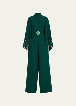 Fringe-Sleeve High Neck Belted Jumpsuit