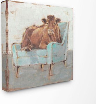 Brown Bull on A Blue Couch Neutral Color Painting Canvas Wall Art, 30