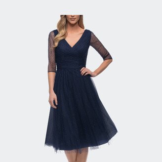 Tea Length Tulle Dress with Beading and Sheer Sleeve