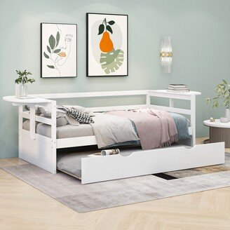 Aoolive Twin Size Daybed with Trundle and Foldable Shelves Beside, Practical Daybed 2 Colors Optional Modern Beds