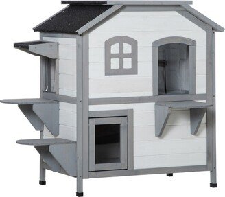 Wooden 2-Story Outdoor Cat House, Feral Cat Shelter Kitten Condo with Escape Door, Openable Asphalt Roof and 4 Platforms, White